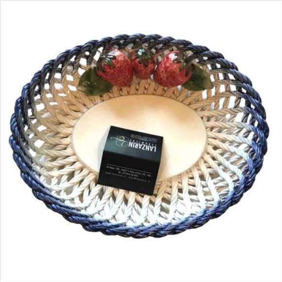 Lanzarin Ceramiche Handmade Italian Woven Oval Bowl Strawberry Accents - Picture 1 of 1